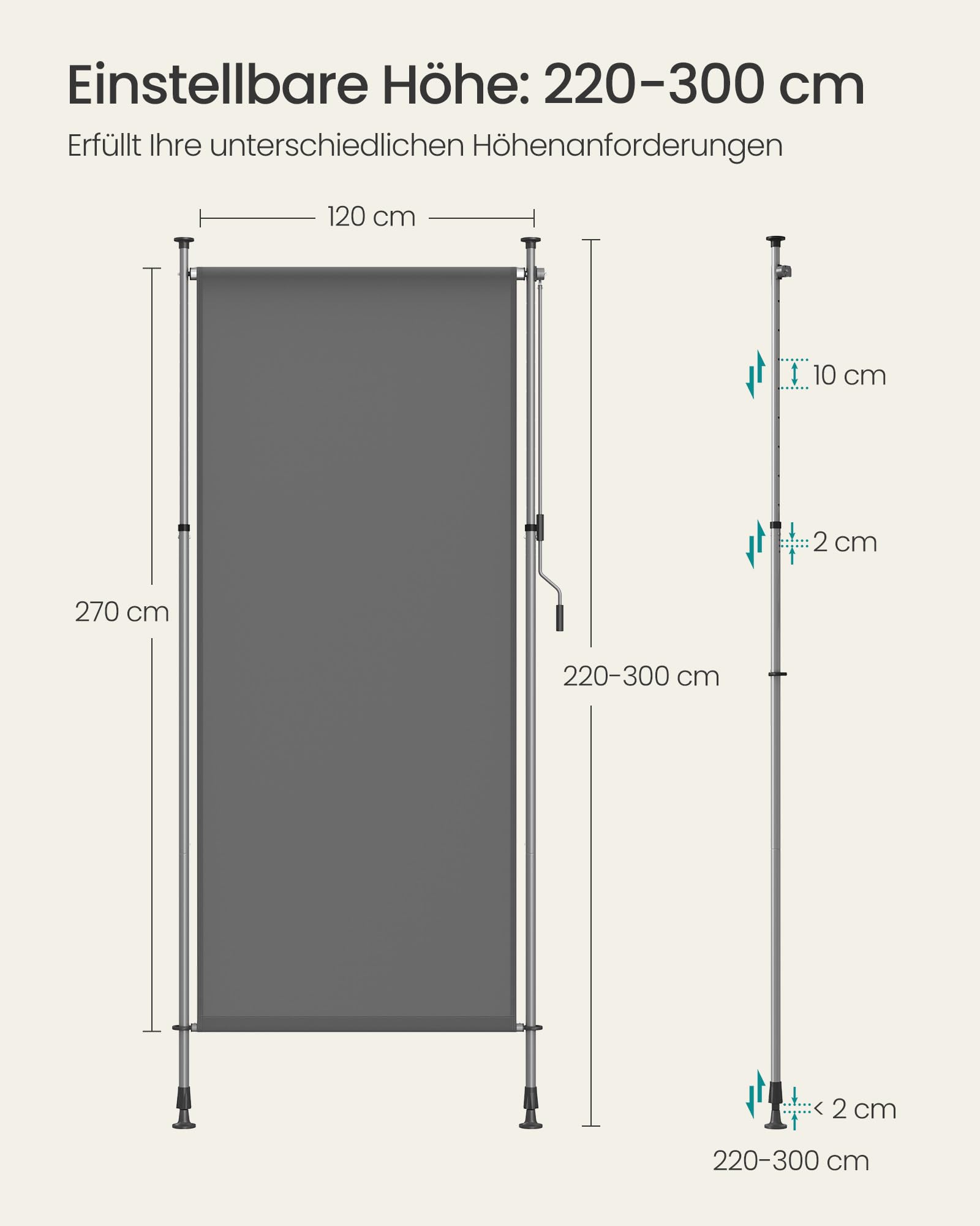 SONGMICS Senkrechtmarkise, höhenverstellbar, 120 x (220-300) cm, kein Bohren erforderlich, Vertikalmarkise für Terrasse, Balkon mit Markisenkasten, UPF 50+, Sichtschutz, anthrazitgrau GSA0120G01 6