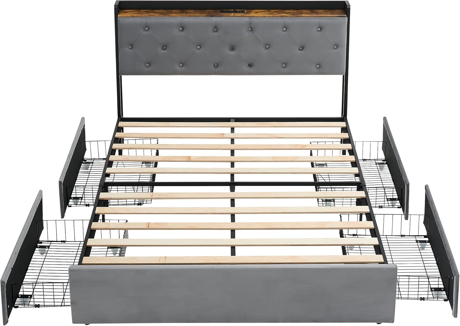 Photo 1 of **MISSING PIECES/FOR PARTS** Queen Bed Frame with Charging Station Upholstered Headboard & 4 Storage Drawers,Queen Platform Bed Frame Mattress Foundation with Wooden Slats Support, No Box Spring Needed,Light Grey