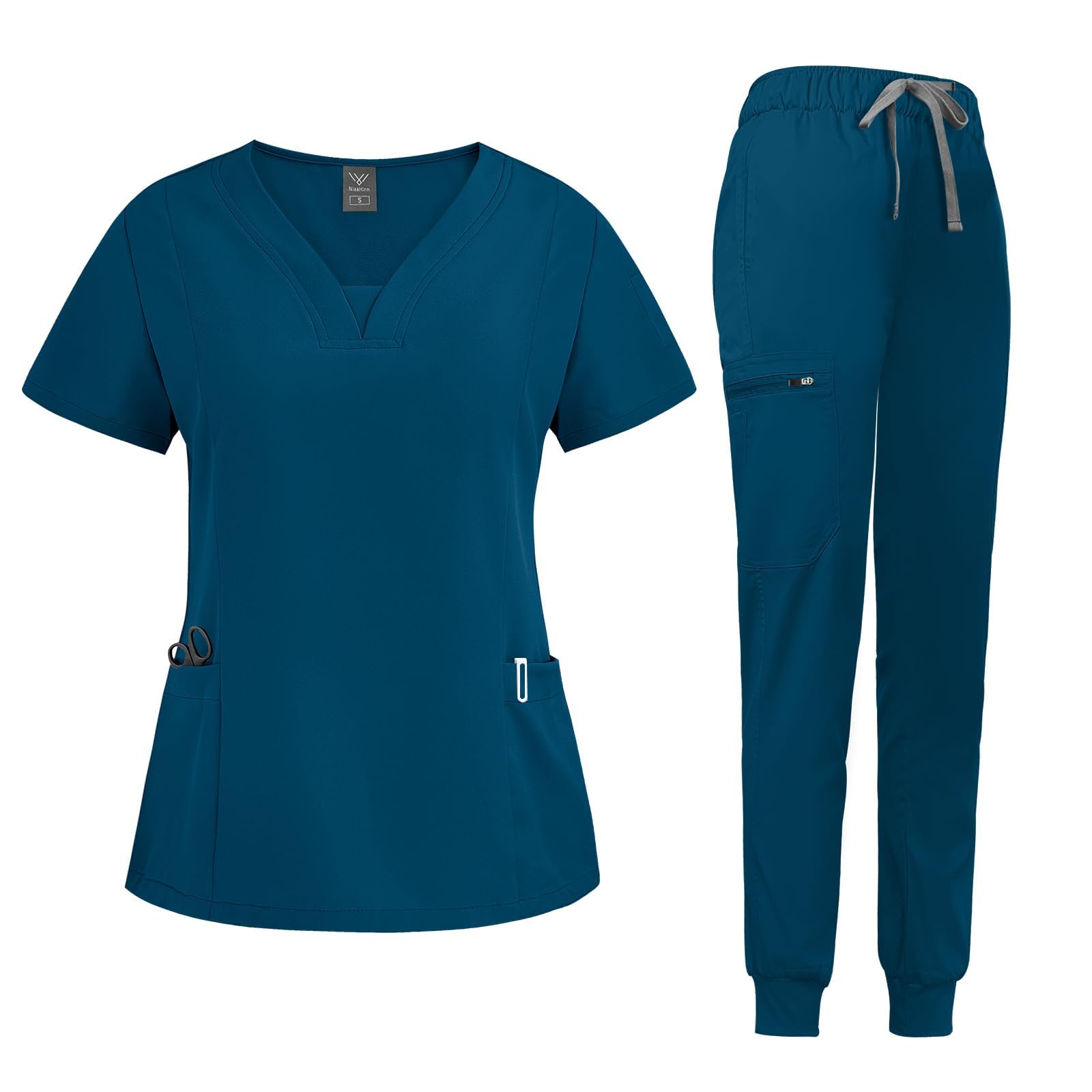 Photo 1 of niaahinn Scrub Suit Set for Women Modern V-neck Top & Tapered Leg Jogger Pants with Drawstring Medical Nursing Uniforms Set (Caribbean Blue, L)