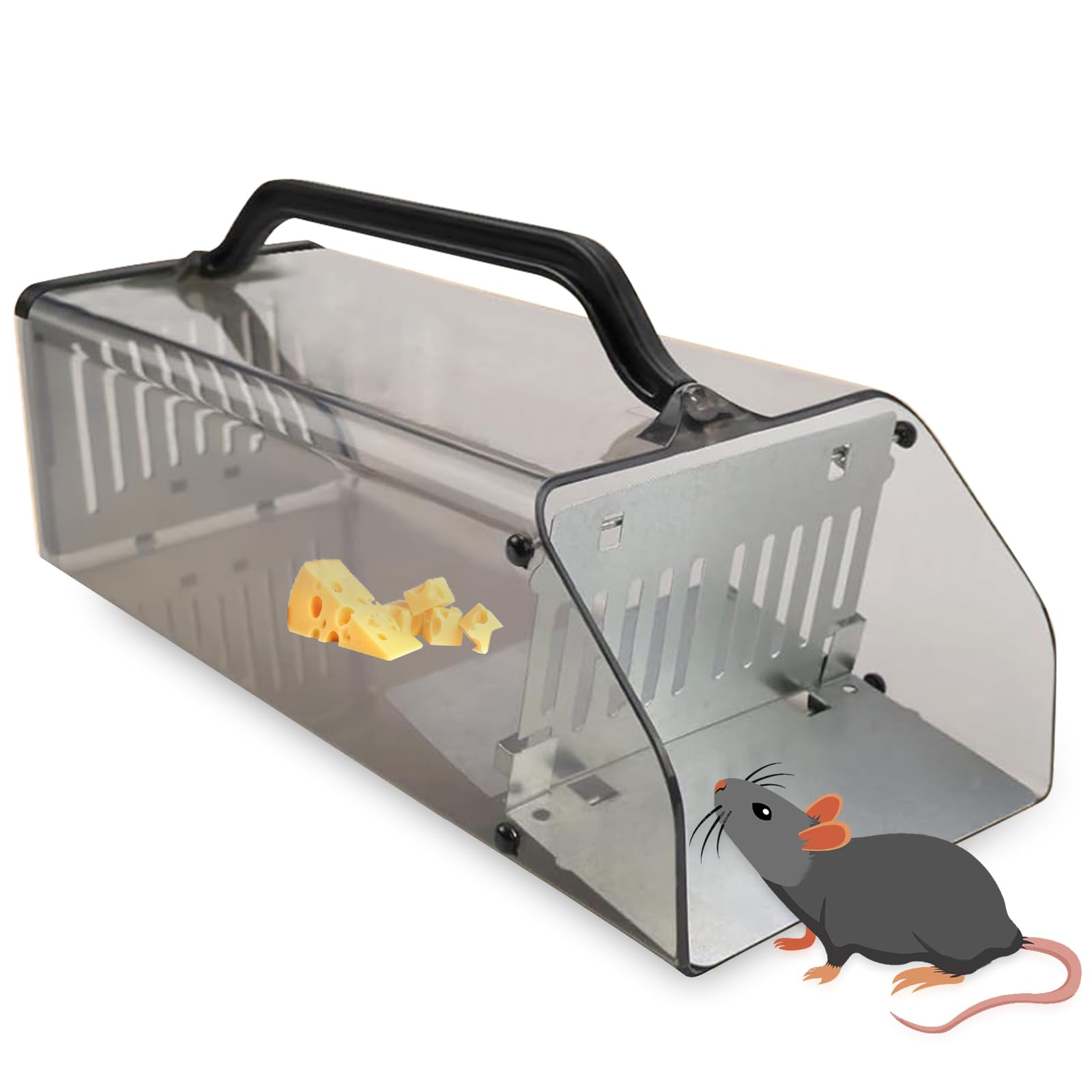 Photo 1 of 12-inch Humane Mouse Trap Indoor and Outdoor for Home/No Kill/Easy-Catch & Rease Reusable Safe Mouse Traps for Kids & Pets/ABS, Translucent Gray/One-Way Door & Slide-Out Door