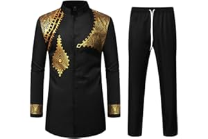 ZEROYAA Men's Kente Print Suit Long Sleeve Button up African Dashiki Shirt and Pants Ethnic 2 Piece Outfit