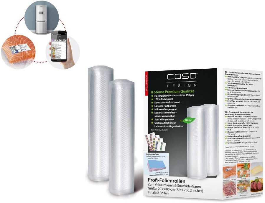 Caso Profi-Folienrollen 20 cm x 600 cm, 2 Rollen f?r Balken-Vakuumierer / stark und reissfest / Rippen-Struktur f?r optimales Vakuum / stabile Schwei?naht / kochfest / Mikrowellen-geeignet