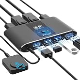 KVM Switch 1 Monitor 2 Computer DisplayPort,DP 1.4 &amp; 3 USB 3.0 Ports (3 USB-A), Supports 8K@60Hz, Control 2 PCs Sharing 1 Monitor &amp; USB Devices, Wired Remote and Button Switch, Adaptive EDID