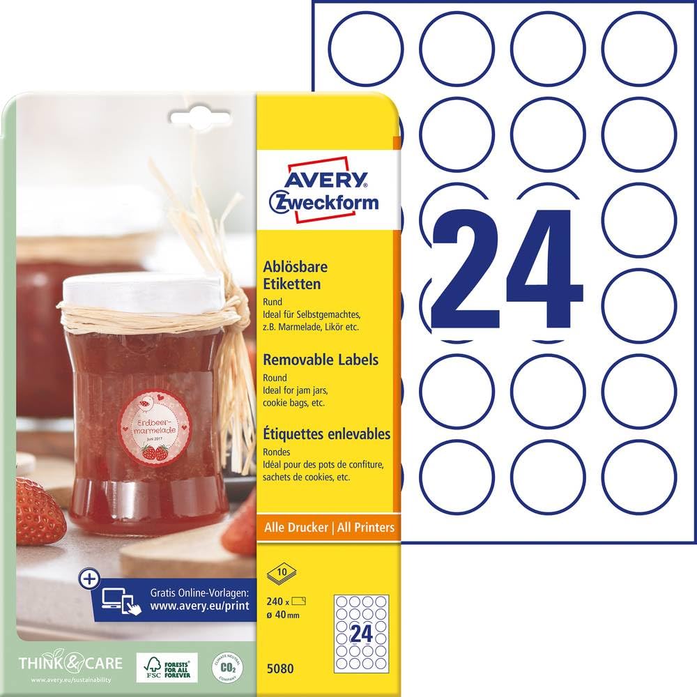 Avery Zweckform 5080 Jam Labels, A4, 240 Round Labels Removable, Diameter 40 mm 10 Sheets White