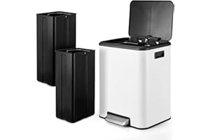30L/8Gal Dual Compartment Trash Can, White Stainless Steel Kitchen Recycling Trash Can with 2×15L Inner Buckets – Rectangular