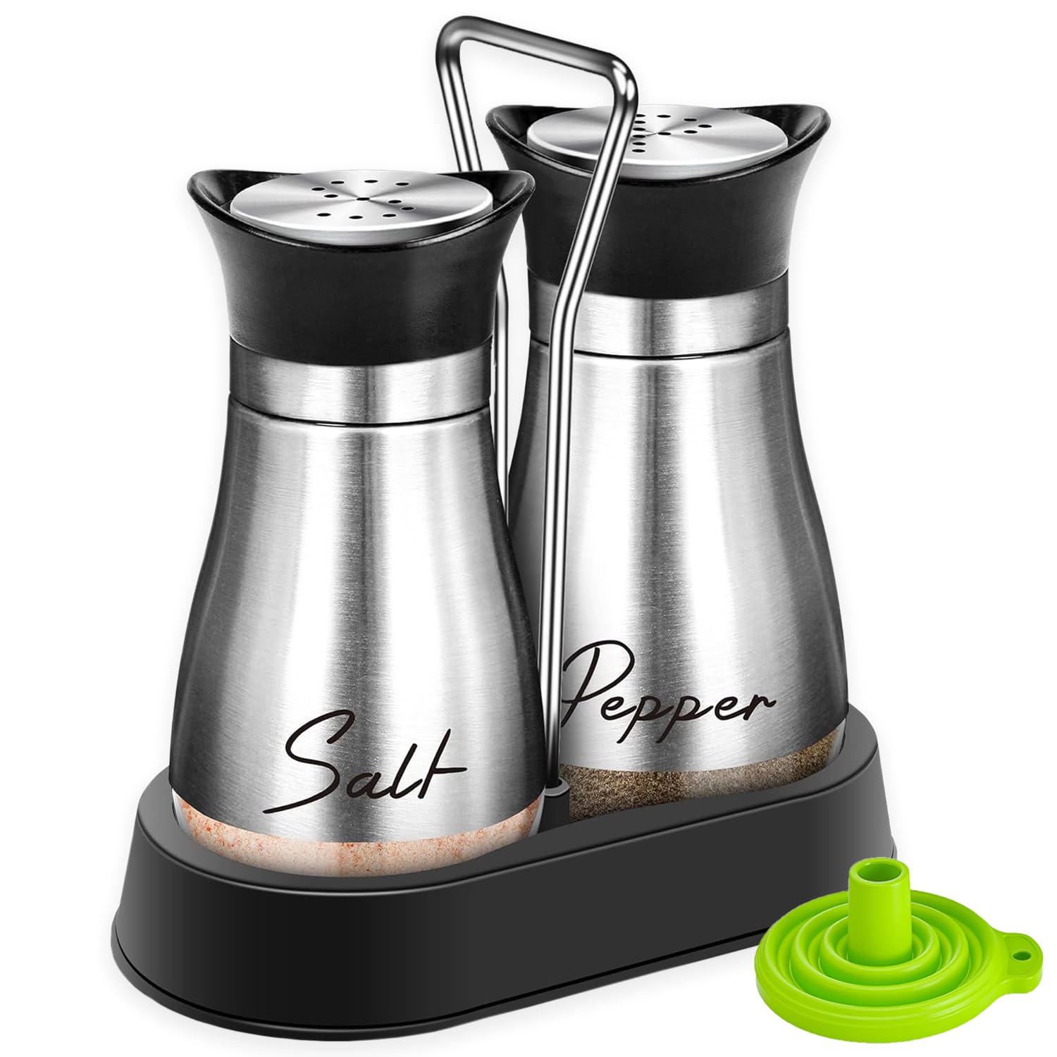 UDQYQ Salt and Pepper Shakers Set with Holder,Cruet Sets Stainless Steel Salt and Pepper with Glass Bottom,Refillable Salt Shaker Kitchen Gadgets for Counter Modern Decor Table (Silver)