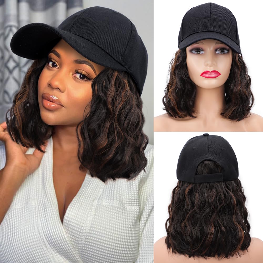 Photo 1 of CHRSHN Hat Wig Short Wave Baseball Cap Wigs with Curly Hair Extensions Synthetic Wave Adjustable Baseball Hat Wigs for Women(4H30#)
