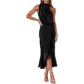 KIRUNDO Women 2026 Spring Summer Satin Mock Neck Wedding Guest Party Cocktail Midi Dress Sleeveless Wrap Ruffle Formal Dress