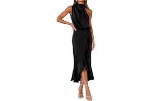 KIRUNDO Women 2025 Summer Fall Satin Mock Neck Wedding Guest Party Cocktail Midi Dress Sleeveless Wrap Ruffle Formal Dresses