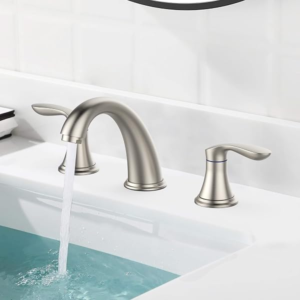 BATHROOM SINK FAUCET, FAUCET FOR BATHROOM SINK, WIDESPREAD BRUSHED NICKEL BATHROOM FAUCET 3 HOLE WITH STAINLESS STEEL POP UP DRAIN AND CUPC LEAD-FREE HOSE – (BRUSHED NICKEL)