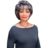Foxy Silver Goldie Wig Color 1B Short Straight Shag Synthetic Full Fringe African American Womens Machine Wefted Lightweight Average Cap Slight Curly Layers