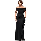 Betsy & Adam Womens Long Tech Scuba Off-The-Shoulder Ruffle Dress