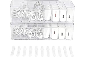 2 Packs Cable Management Plastic Storage Box with Lid, Stackable Charging Cord Protector Boxes Holder with 20pcs Wire Ties fo