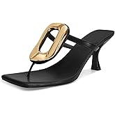 RJYLP Black Flip Flop Heels Sandals for Women Metal Kitten Heels Thong Sandals Slip on Comfort Square Toe Casual Fashion Summer Flip Flops Shoes