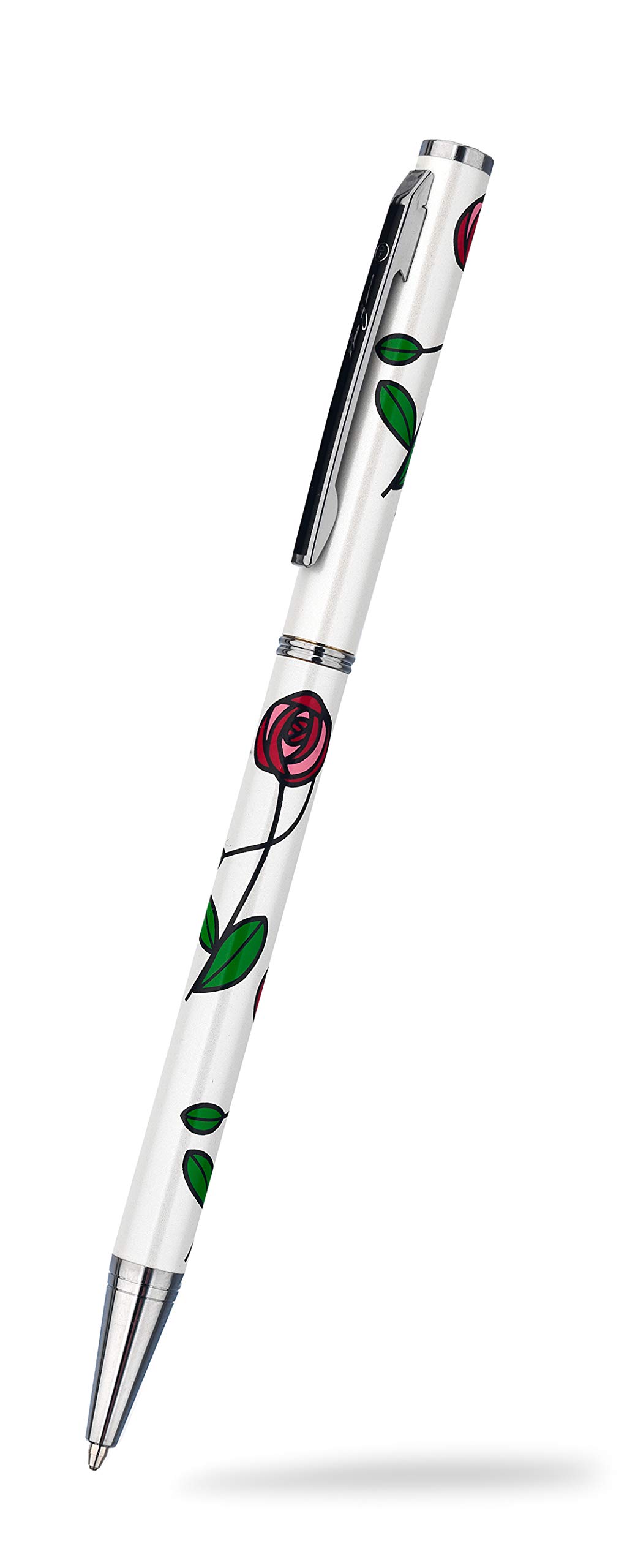 Womans Slimline Ballpoint Pen With Mackintosh Rose Pattern In Pearlised White