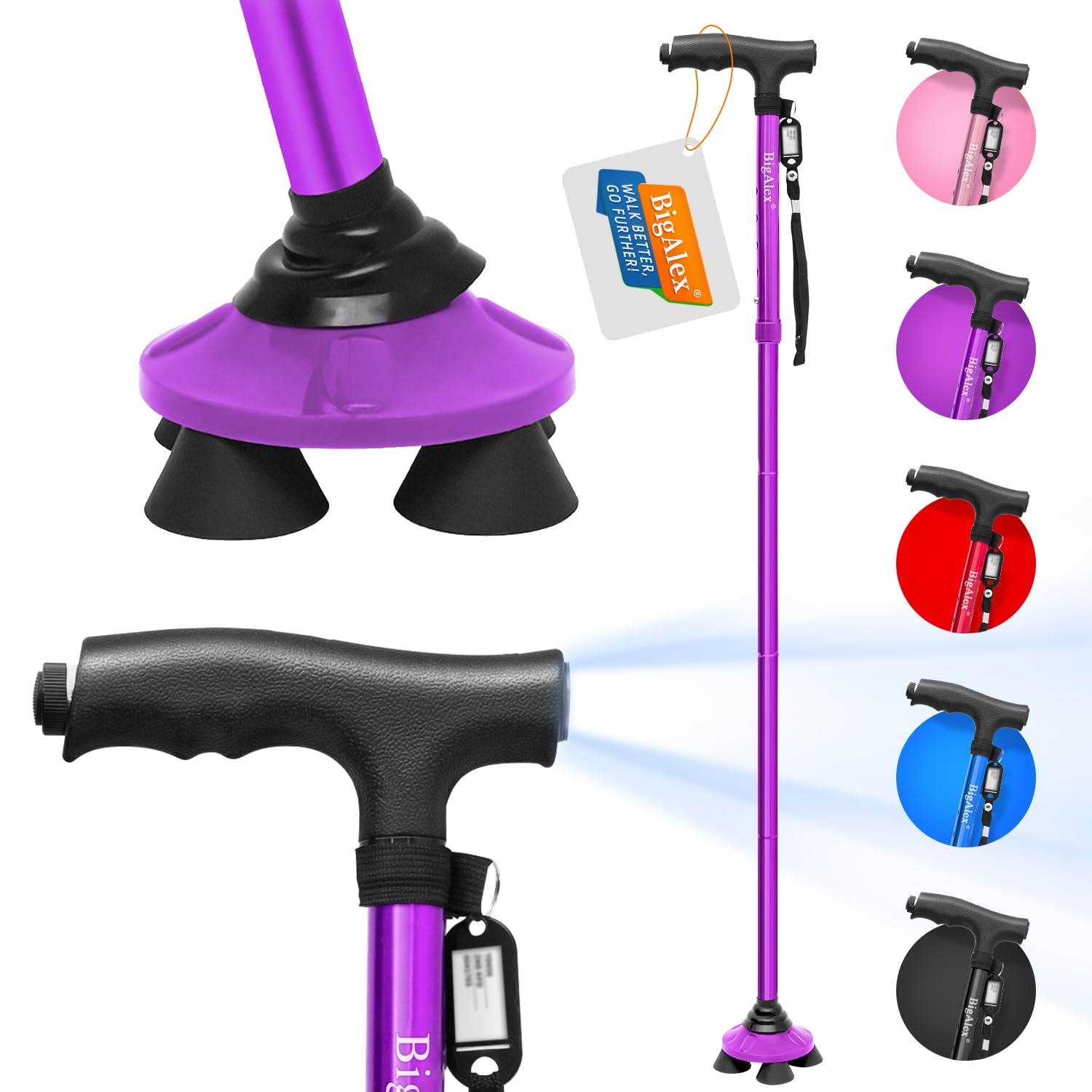 Photo 1 of BigAlex Folding Walking Cane with LED Light,Pivoting Quad Base,Adjustable Walking Stick with Carrying Bag for Men/Women