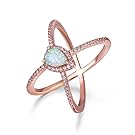 OPALBEST Mother's Day Gift Ideas Criss Cross Rose Gold Plated Ring with White Pear Shaped Opal for Women and Girls