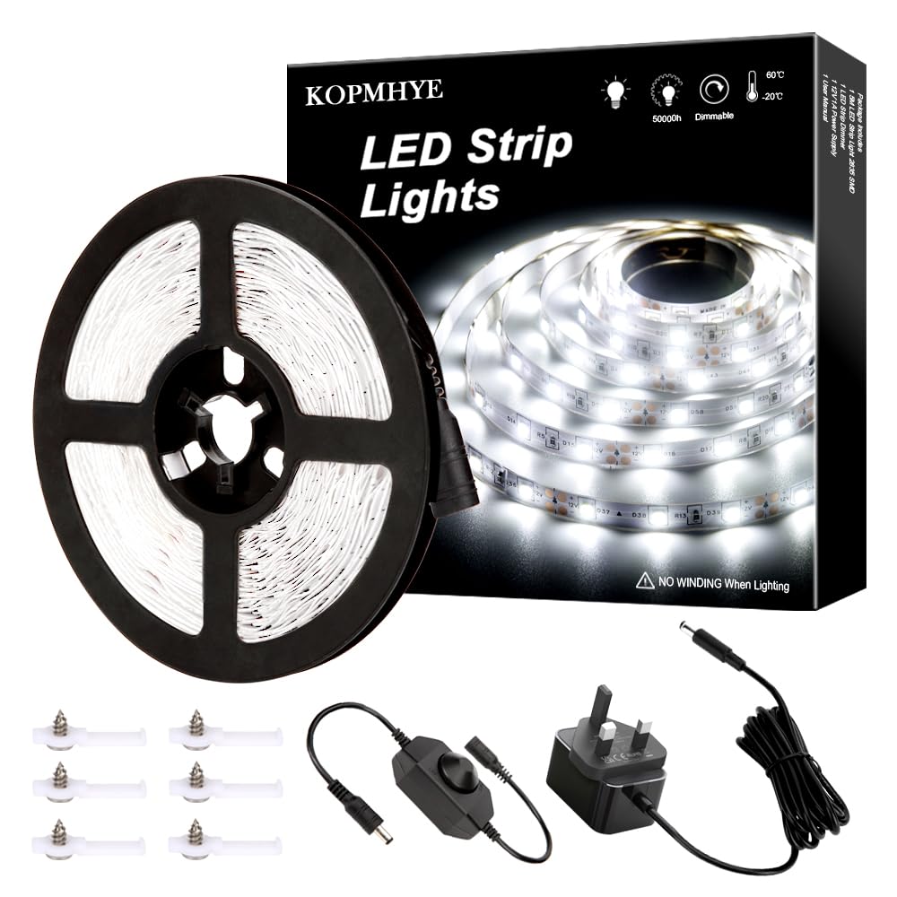 MH 5M Dimmable LED Strip Lights Kits, 12V Tape Light, 300 2835 LED, 16.4ft 6000K Daylight White Ribbon with Power Adapter, Light Strips for Under Bed, Vanity Mirror, Cabinet, Kitchen, Non-Waterproof