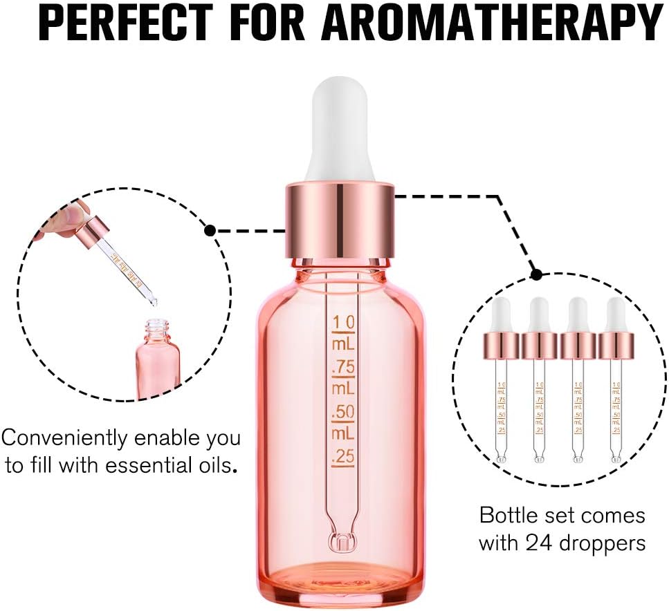 PrettyCare Eye Dropper Bottle 1 oz (24 Pack Rose Glass Bottles 30ml with Measured Pipettes, Golden Caps & 48 Labels, Funnel ) Empty Tincture Bottles for Essential Oils, Perfume: Home Improvement