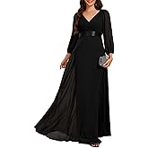 Ever-Pretty Women's Chiffon A-Line Floor Length V Neck Pleated Long Sleeves Evening Formal Dress 03890