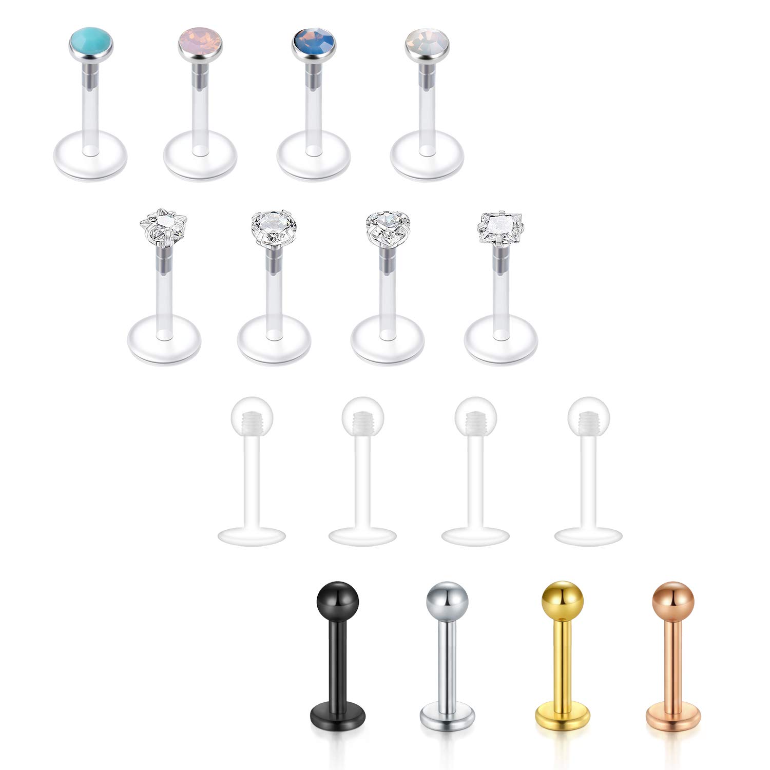 Briana Williams 16pcs Lip Labret Bars Stud Bioflex Flexible Stainless Steel 16G Retainer Tragus Cartilage 6/8/10mm Piercing