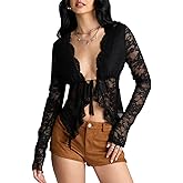 Women Sexy Open Front Lace Shirt Solid Y2k Long Sleeve Tie Up Sheer Mesh Blouse V Neck Asymmertrical Ruffle Hem Top