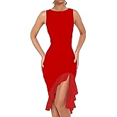 BORIFLORS Women's Sexy Elegant Boat Neck Bodycon Midi Dresses Ruffle Hem Sleeveless Ruched Cocktail Party Tank Dress