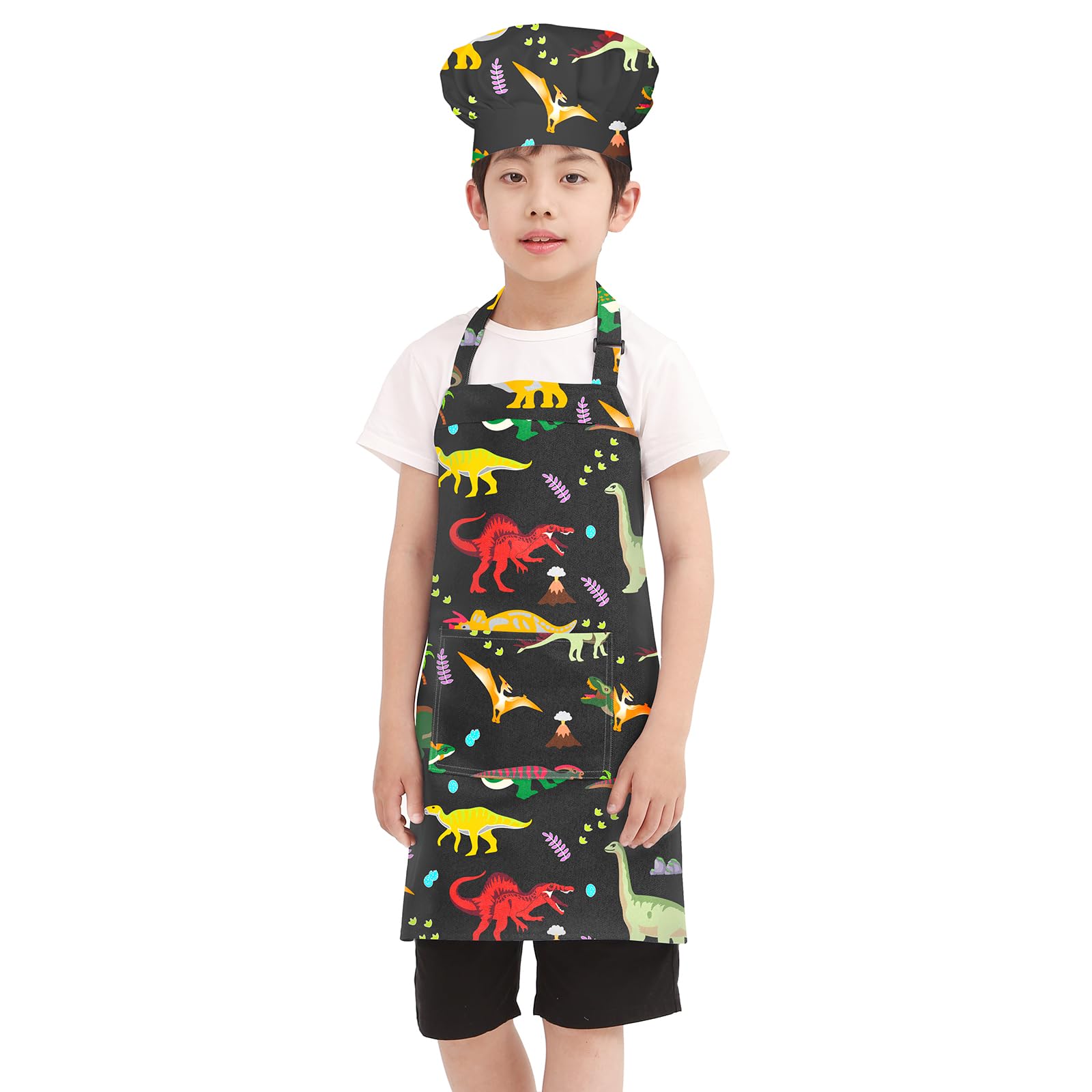 BIGHAS Kids Apron Chef Hat Adjustable Neck Strap Hook and Loop Fastener Design Waistband for Baking, Painting, Cooking (Black-Dinosaur, (4'7"-5'3") L) — image 1