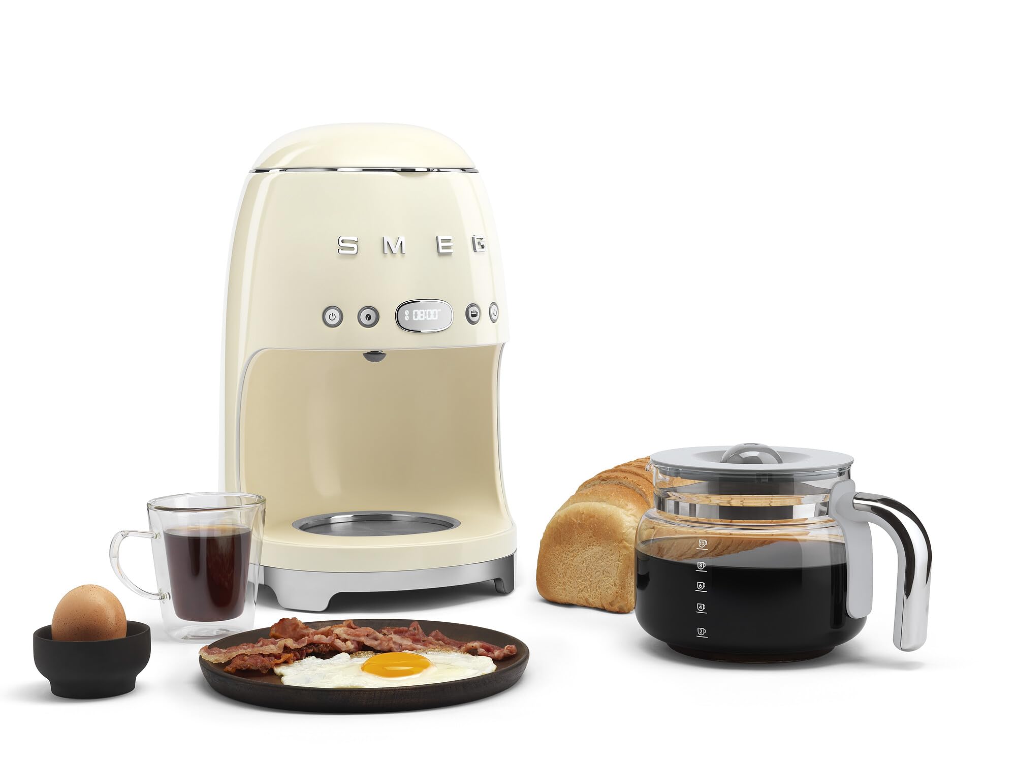 Smeg Cafetera de goteo estética de estilo retro de los años 50 con jarra de vidrio para 10 tazas, función de inicio automático, plato para mantener caliente y dos configuraciones de intensidad del café (crema)