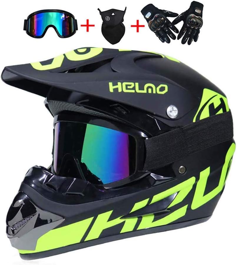 LEENY Motocross Helmet Kids Full-Face MTB Cross Helmet with Goggles Gloves Mask, Black Green Motorcycle Helmet Set Motorbike Off-Road Children Quad Dirt Bike ATV BMX Crash Helmet Protective Gear