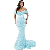 Women's Sparkly Sequin Off Shoulder Prom Dresses 2026 Long Mermaid Formal Evening Gown P19