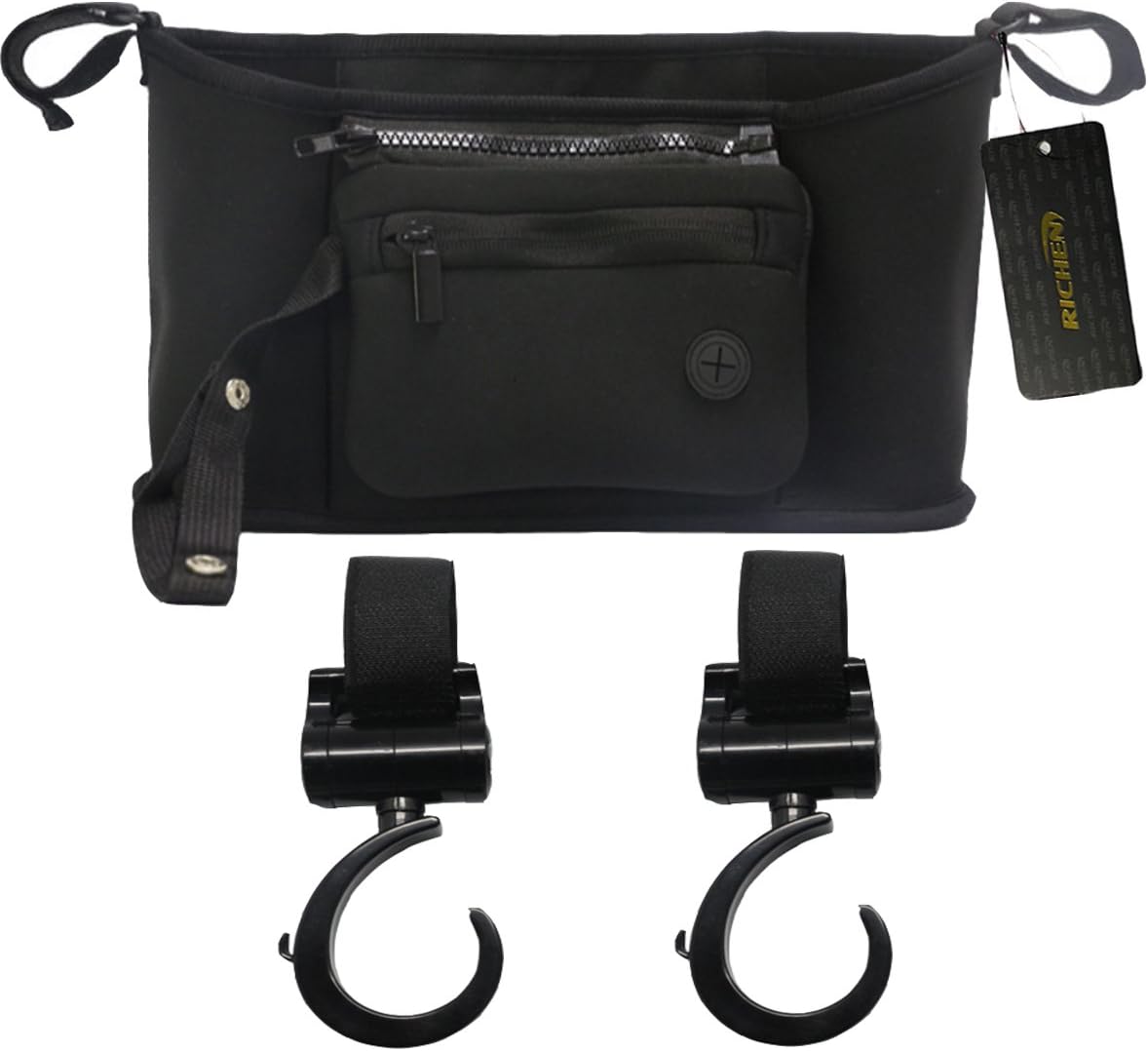 RICHEN Baby Stroller Bag Black,Universal Stroller Bag Holder Parent Organizer for Stroller and Car with 2- Pack Black Mommy Hook Baby Stroller Hook (Bag)
