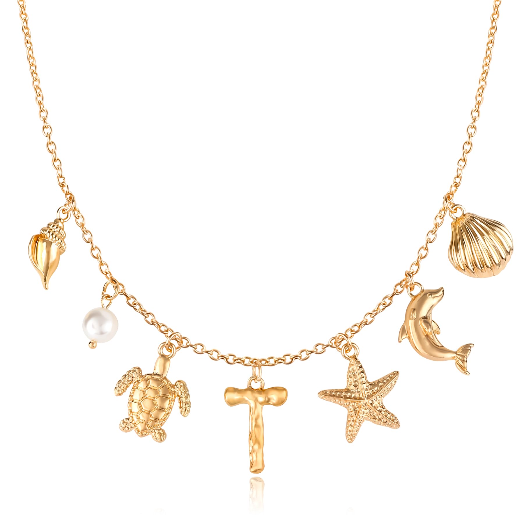 NEKOL Initial T Charm Necklace For Women, Boho Gold Summer Beach Surfer Letter Necklace Starfish Seashell Pearl Turtles Dolphin Charms Pendant, Trendy Pendant Alphabet Choker Necklace Jewelry Gifts