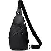 Seoky Rop Men Leather Sling Bag Purse Waterproof Crossbody Chest Bag Sling Backpack with USB Charging Port One Shoulder Bag Black