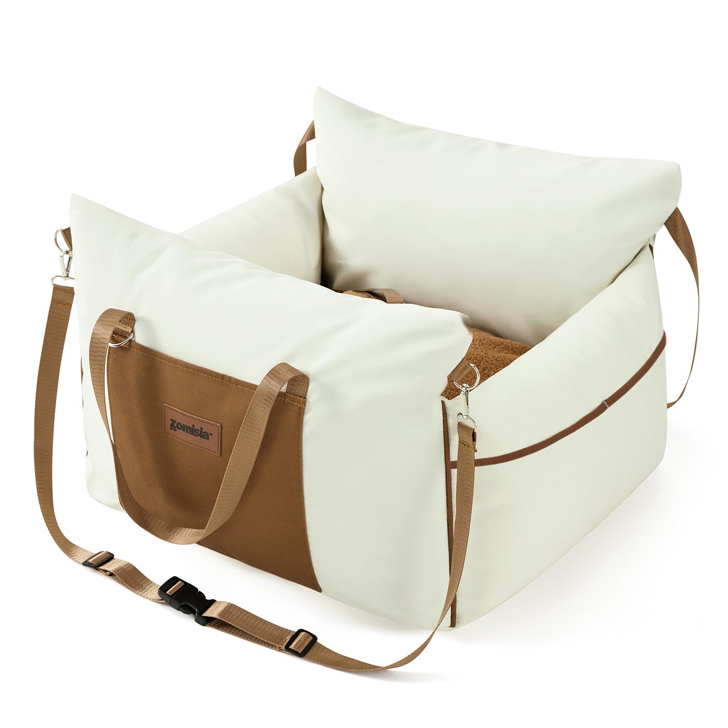 Photo 1 of ZOMISIA Dog Car Seat for Small Dogs - Waterproof Pet Booster Seat for Car with Clip-On Safety Leash, Soft Travel Carrier for Puppy up to 25 lbs, Memory Foam Filling and 2 Adjustable Buckles, Beige