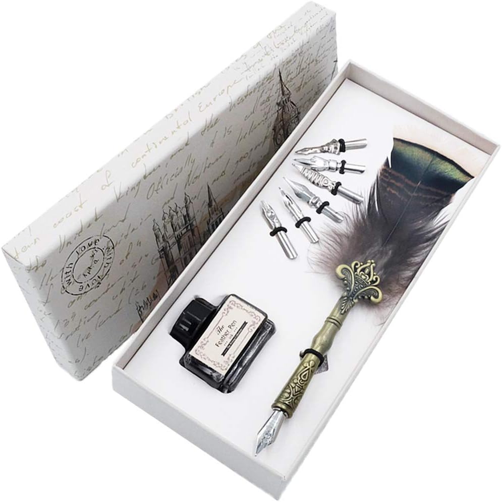 Antique Dip Feather Pen Set Calligraphy Pen Set Writing Quill 6pcs Stainless Steel Nibs in Gift Box HO-Q-302