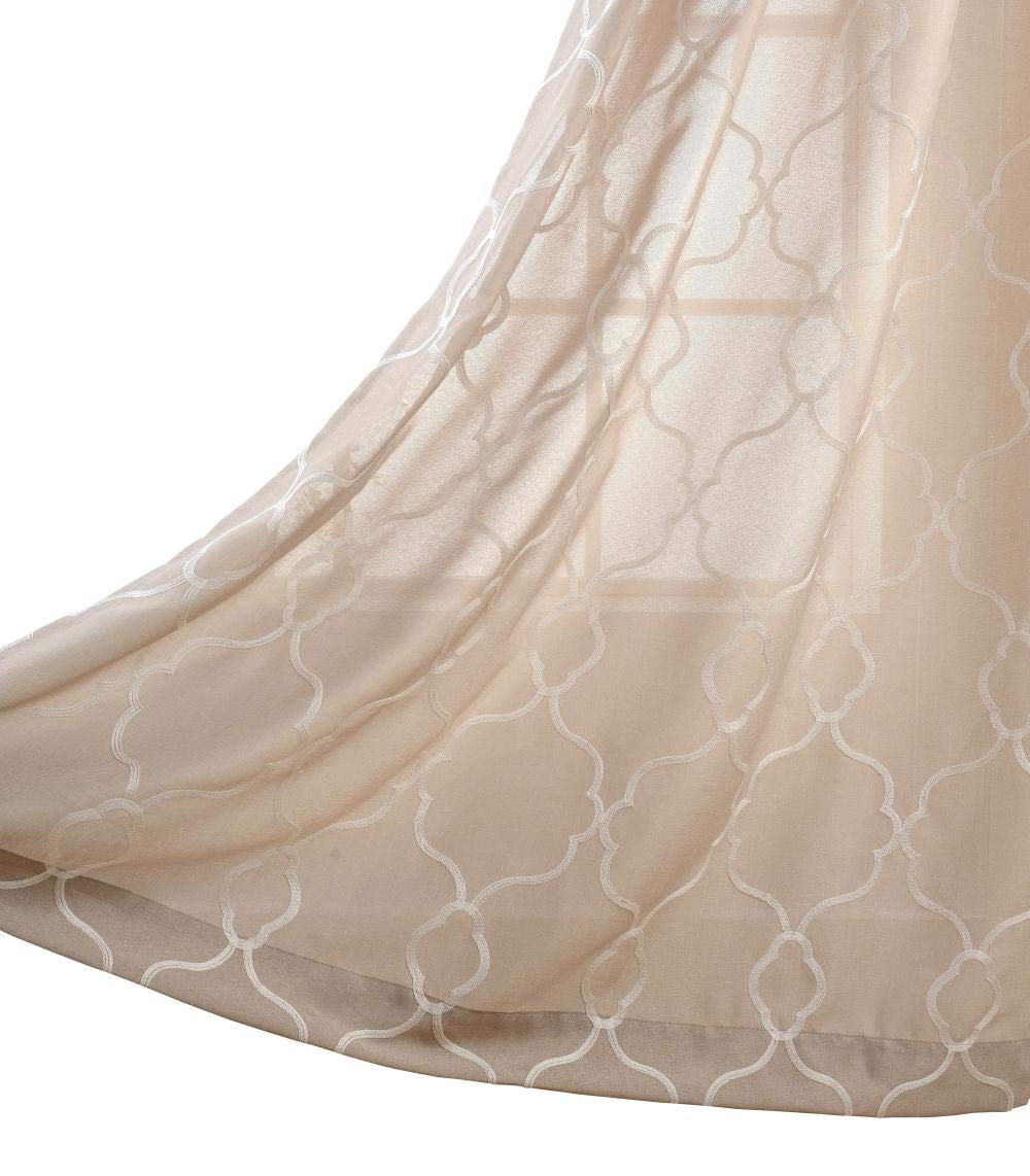 MIUCO Moroccan Embroidered Semi Sheer Curtains Faux Linen Grommet Curtains for Kitchen 52 x 84 Inch 2 Panels, Linen