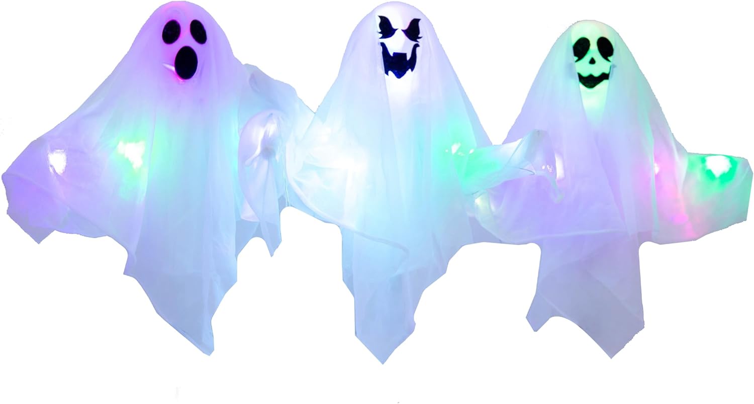 Decorative Garden Stakes - Joyin Halloween Outdoor Decorations, 3 Pack Lighted White Ghost Stakes, Light Up Multicolored Lights Cloth Ghost Yard Stakes for Halloween Decor, Lawn, Yard, Patio, Haunted House Decorations