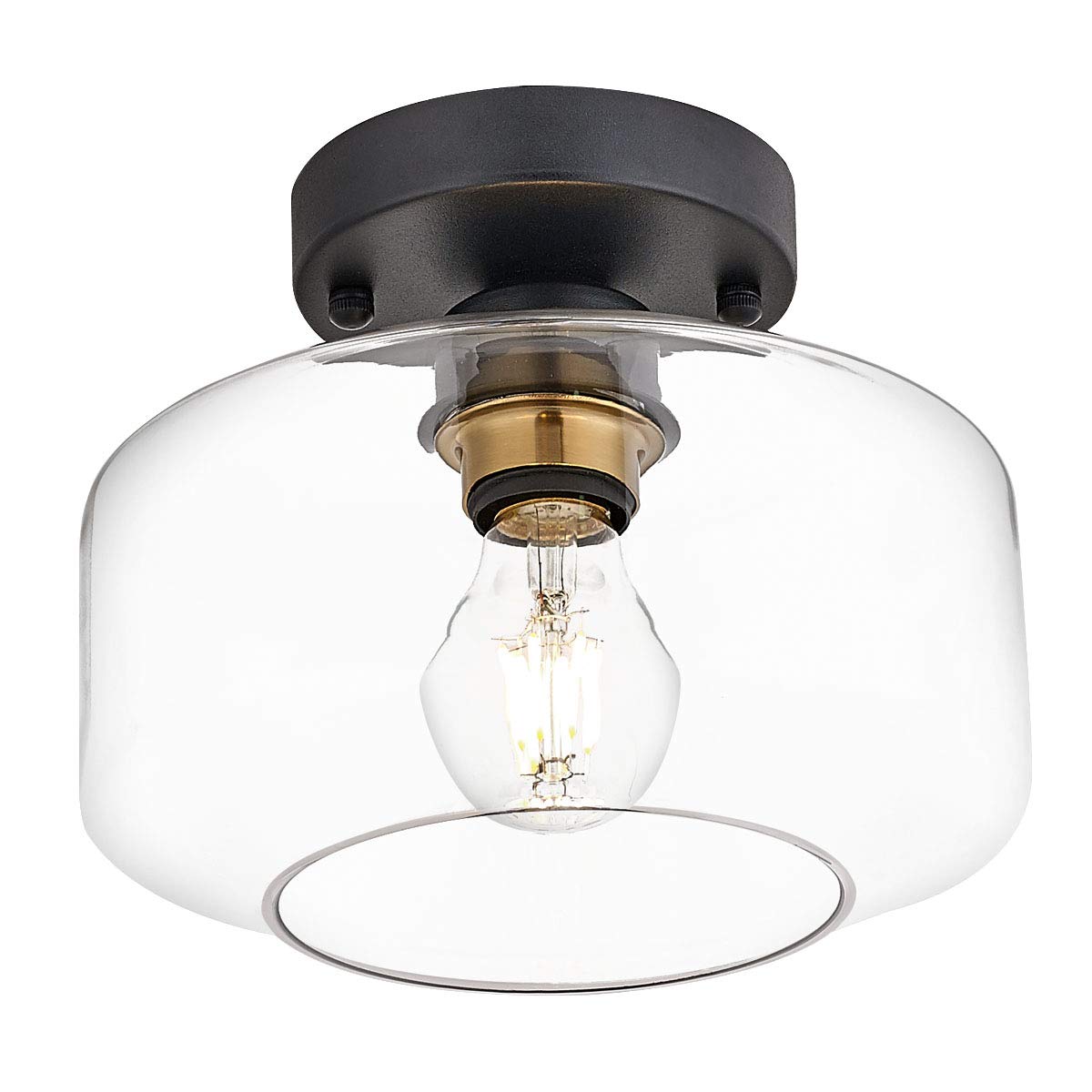 Photo 1 of Semi Flush Mount Ceiling Light, 8.66" Clear Glass Shade, Brass Accent Socket, Modern Ceiling Light Fixture with Black Finish for Kitchen, Hallway, Entryway, Dining Room, Cafe, Bar