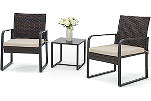 Bezseller 3 Piece Outdoor Patio Furniture Set, Patio Bistro Set Wicker Conversation Set, Modern Rattan Chair with Glass Coffee Table for Backyard, Porches, Poolside, Lawn and Balcony