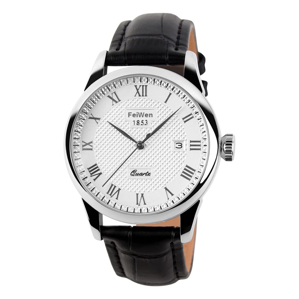 FeiWen Unisex Stainless Steel Analog Quartz Watch for Women and Men Roman Numerals Calendar Business Dress Casual Wrist Watches with Leather Band, Black