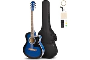 ARTALL 39 Inch Handmade Solid Wood Acoustic Cutaway Guitar Beginner Kit with Gig Bag, Strings, Picks, Strap, Glossy Blue