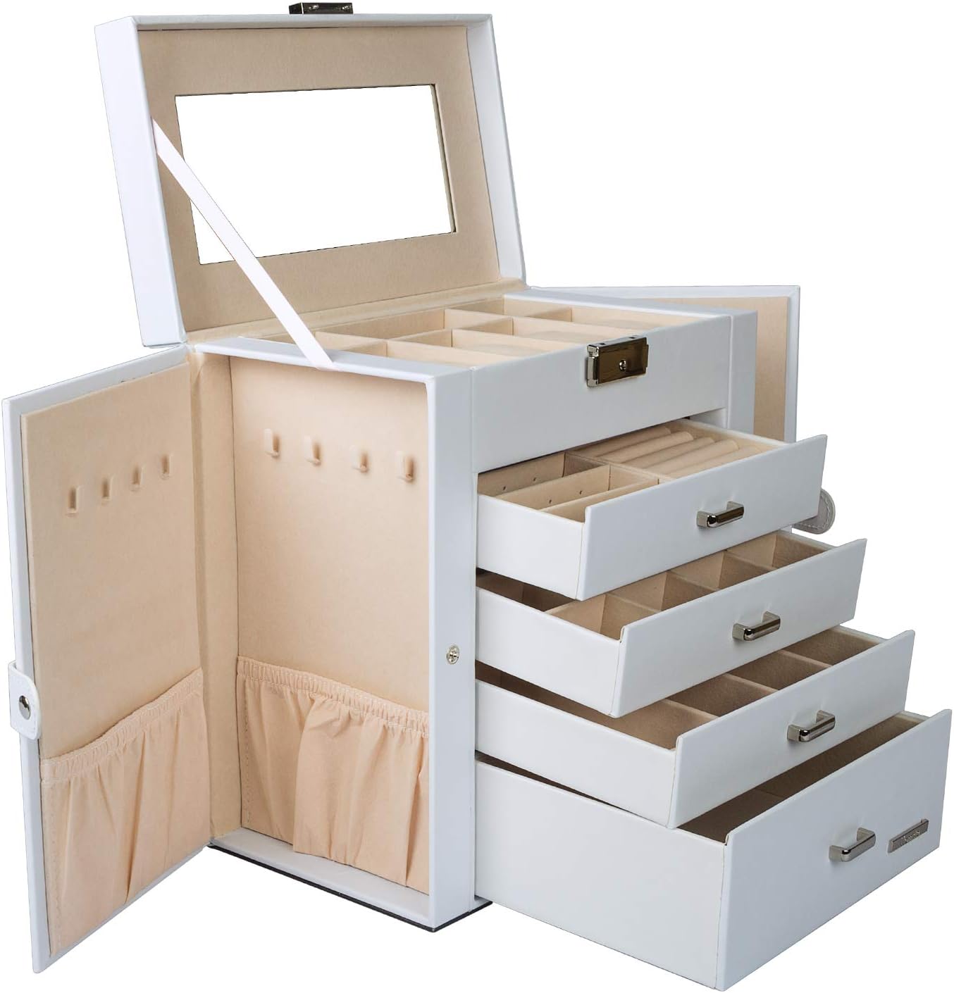 Homde Synthetic Leather Huge Jewelry Box Mirrored Watch Organizer Necklace Ring Earring Storage Lockable Gift Case (White): Home Improvement