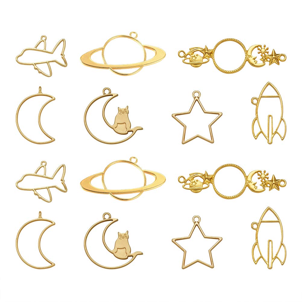 PandaHall 35pcs Alloy Open Back Bezel Pendants Universe Theme Golden Hollow Frame Pendant for DIY Resin Jewelry Making