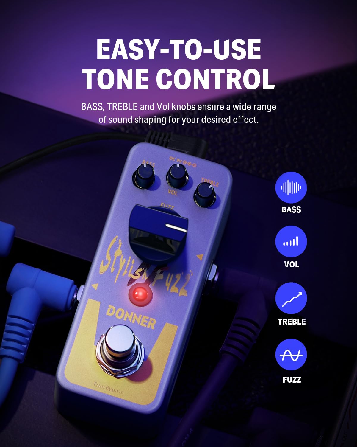 Donner Fuzz Guitar Pedal - Classic Stylish Fuzz Mini Effect Pedal for Electric Guitar/Bass, True Bypass
