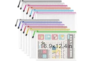 Umriox 12PCS Mesh Zipper Pouch Zipper File Bags with Grid Travel Pouch, A3 Size Zip Document Holder for School Office Supplie