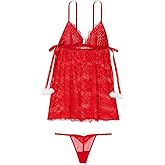 Victoria's Secret Flyaway Lace Babydoll Set Fluffy Pom Poms Color Red New
