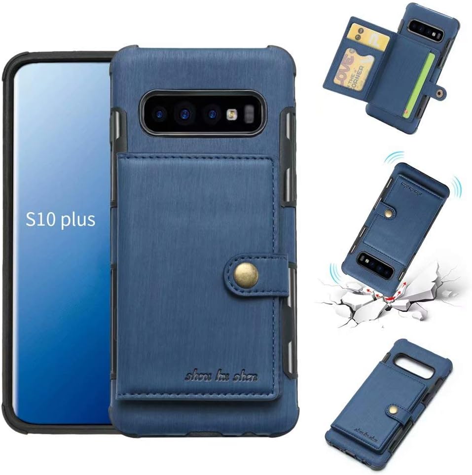 Galaxy S10 Plus Case, Ranyi Wallet Hard Cover [Card Holder/Slots] [Magnetic Buttons] Shock Absorbing Premium PU Leather Full Body Protective Rugged Case for Samsung Galaxy S10+ Plus (2019), Blue
