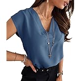 Lynwitkui Women's V Neck Chiffon Blouses Cap Sleeve Shirts Casual Loose Work Office Solid Tops