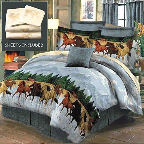 EQUINE WESTERN HORSES RUNNING BY WATER 8PC BLUE COMFORTER SET+SHEETS(Bed In A Bag) (QUEEN) + 1- EMOJI Drawstring BACK PACK